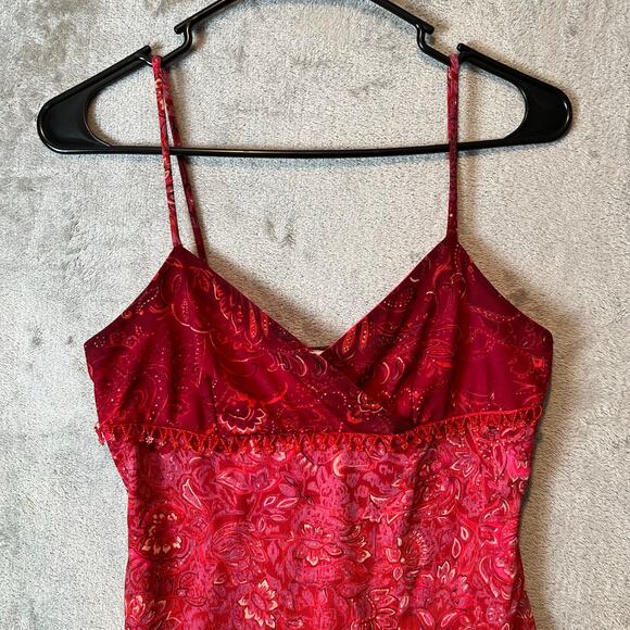 Y2K Vintage Red Bandana Print Mesh Slip Dress Boho Floral Festival Beaded Small - Picture 2 of 7